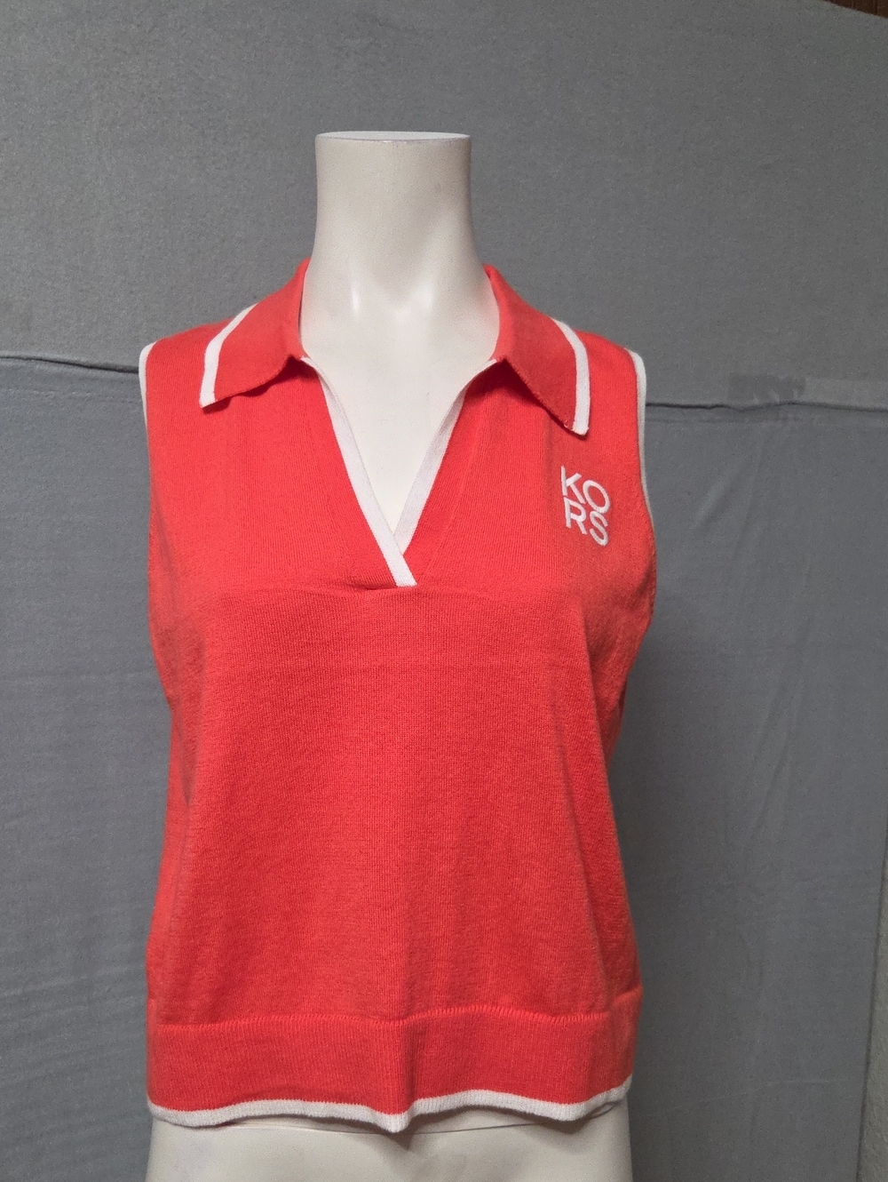 Michael Kors Coral Sleeveless Polo Knit Tank with White Trim Size Large.